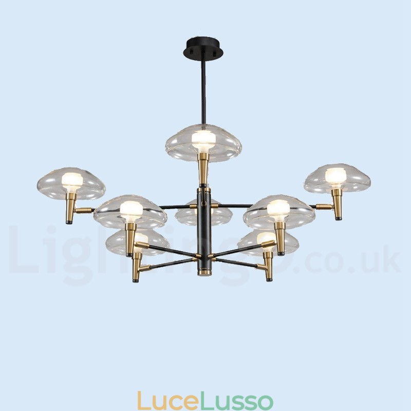Lampadario a 8 luci con finitura verniciata elettrolitica e paralumi in vetro