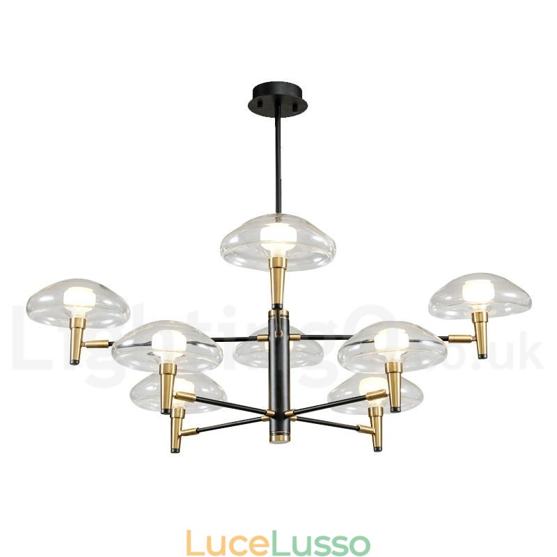Lampadario a 8 luci con finitura verniciata elettrolitica e paralumi in vetro