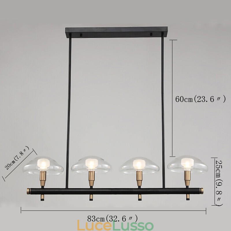 Lampadario lineare a 4 luci con finitura verniciata elettrolitica e paralumi in vetro
