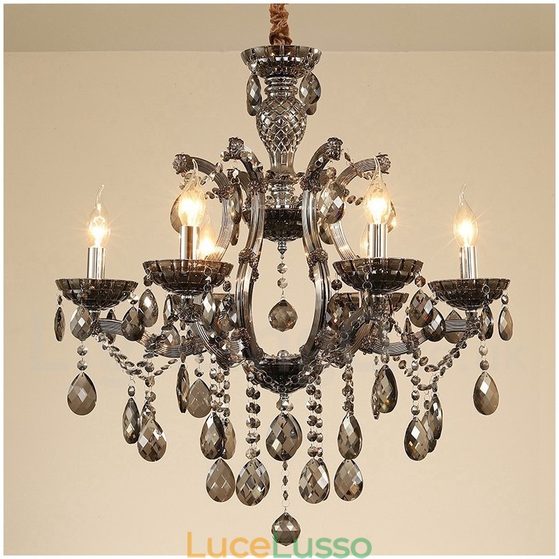 Lampadario a 6 candele in cristallo grigio chiaro
