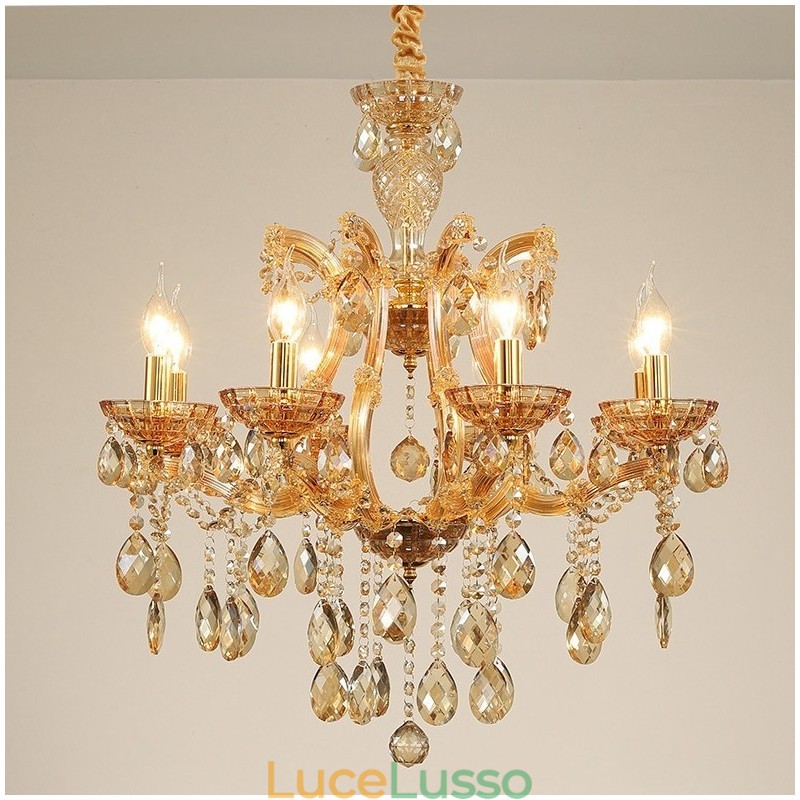 Lampadario a 8 luci in cristallo ambrato