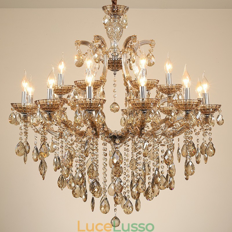 Lampadario con 18 (12+6) luci in cristallo color cognac