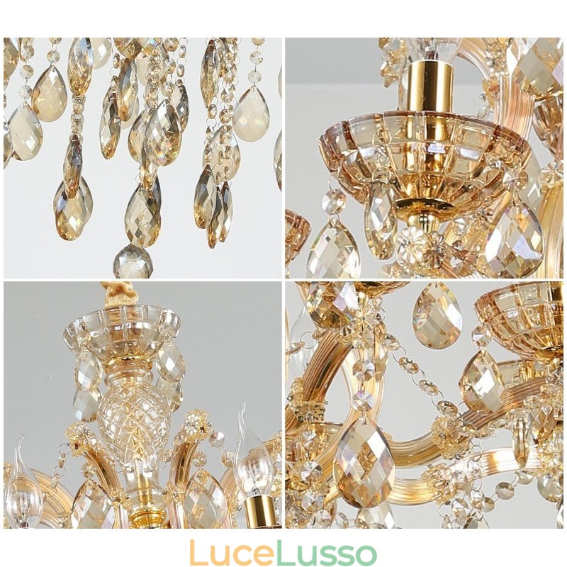Lampadario con 18 (12+6) luci in cristallo color cognac