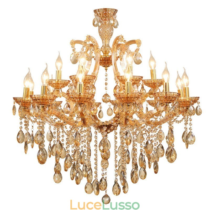 Lampadario con 18 candele di cristallo color ambra chiaro (12+6)