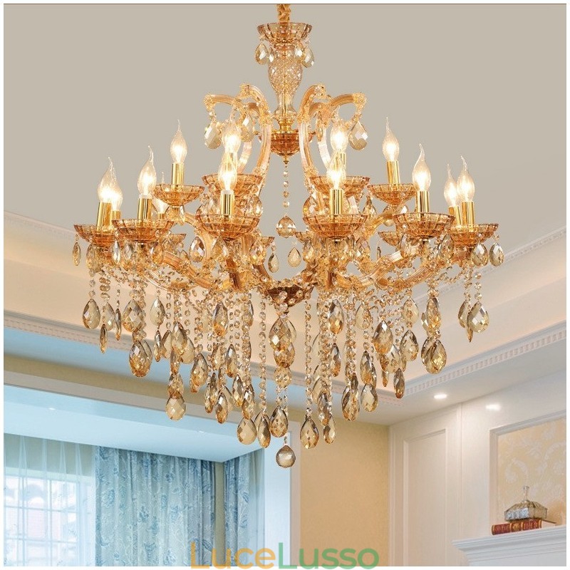 Lampadario con 18 candele di cristallo color ambra chiaro (12+6)