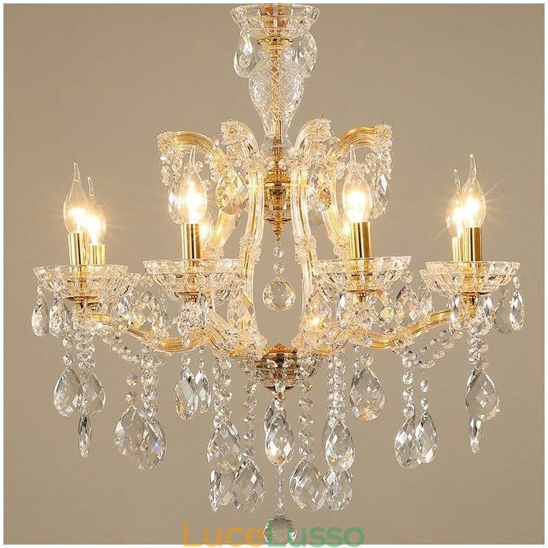 Lampadario a 8 luci in cristallo dorato