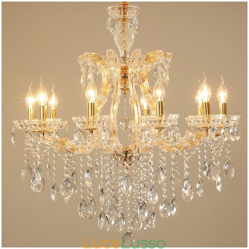 Lampadario a 10 luci in cristallo dorato
