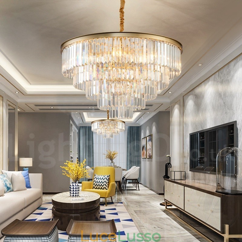 Lampadario a sospensione in cristallo K9 rotondo di lusso postmoderno, sala espositiva
