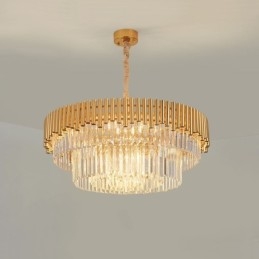 Lampadario a sospensione in cristallo rotondo K9 di lusso postmoderno dorato, sala espositiva