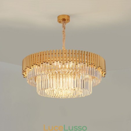 Lampadario a sospensione in cristallo rotondo K9 di lusso postmoderno dorato, sala espositiva Lampadario a sospensione in cristallo rotondo K9 di lusso postmoderno dorato, sala espositiva