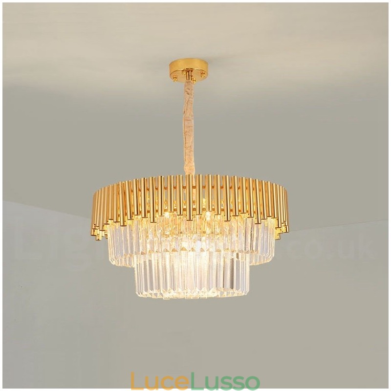 Lampadario a sospensione in cristallo rotondo K9 di lusso postmoderno dorato, sala espositiva