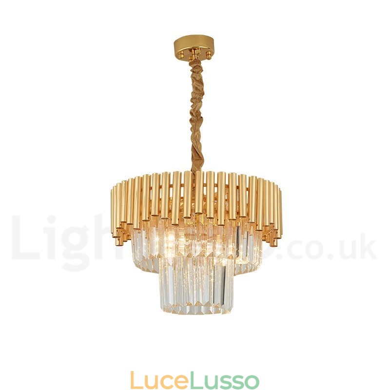 Lampadario a sospensione in cristallo rotondo K9 di lusso postmoderno dorato, sala espositiva