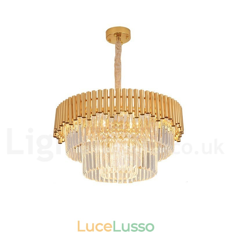Lampadario a sospensione in cristallo rotondo K9 di lusso postmoderno dorato, sala espositiva