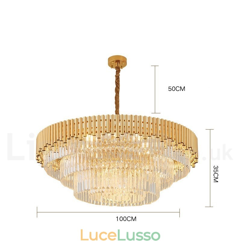 Lampadario a sospensione in cristallo rotondo K9 di lusso postmoderno dorato, sala espositiva