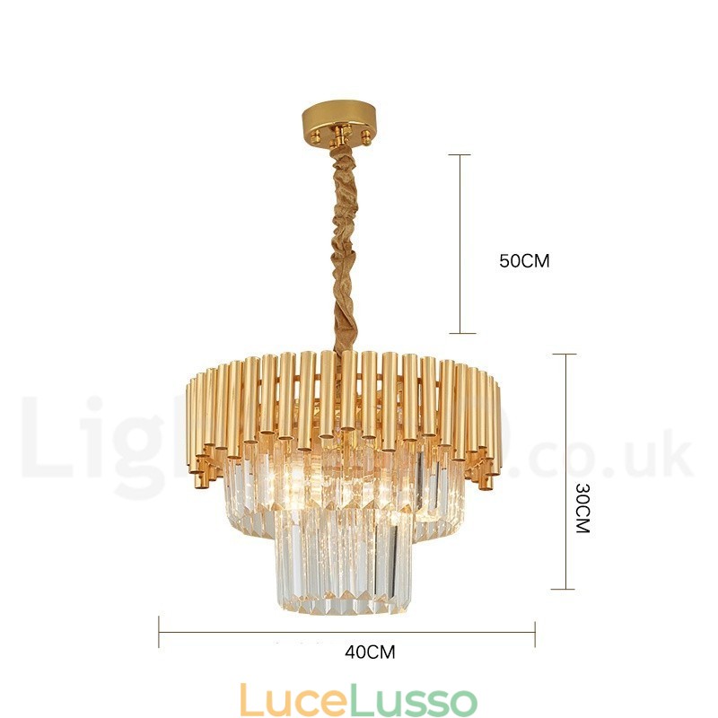 Lampadario a sospensione in cristallo rotondo K9 di lusso postmoderno dorato, sala espositiva
