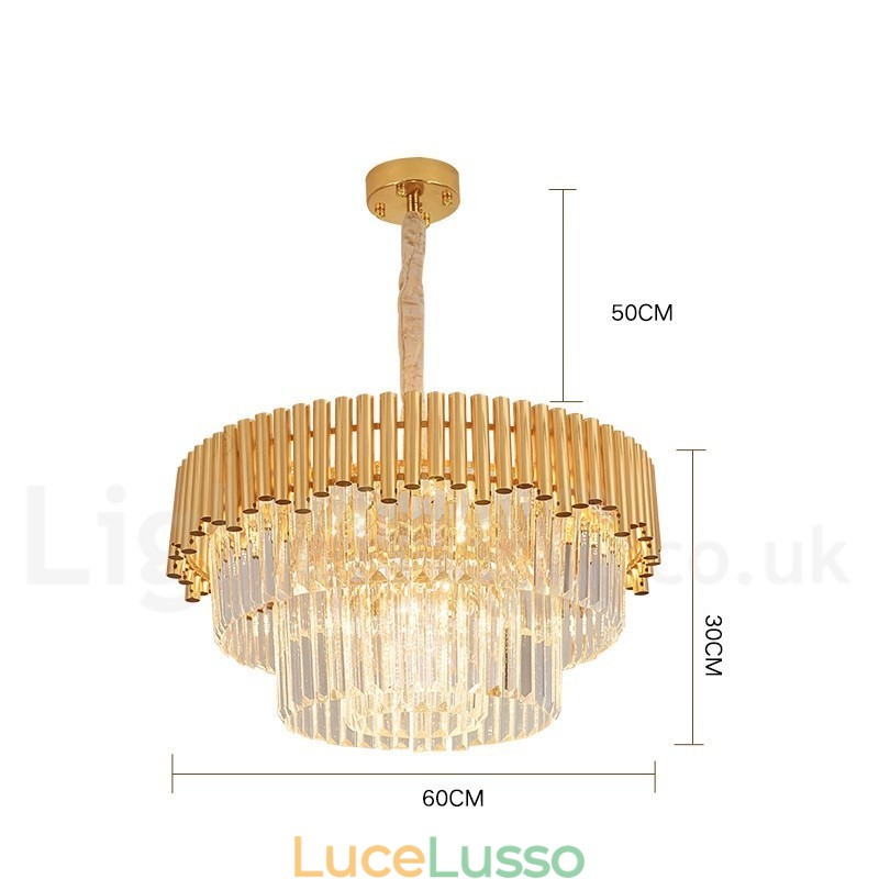 Lampadario a sospensione in cristallo rotondo K9 di lusso postmoderno dorato, sala espositiva