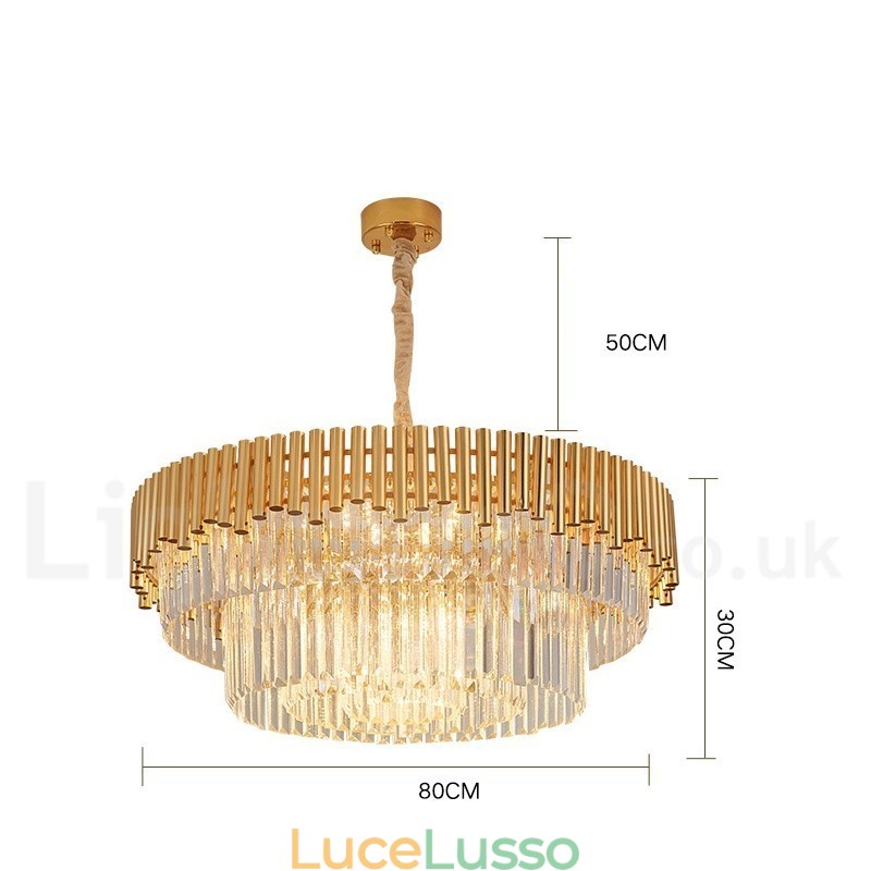Lampadario a sospensione in cristallo rotondo K9 di lusso postmoderno dorato, sala espositiva