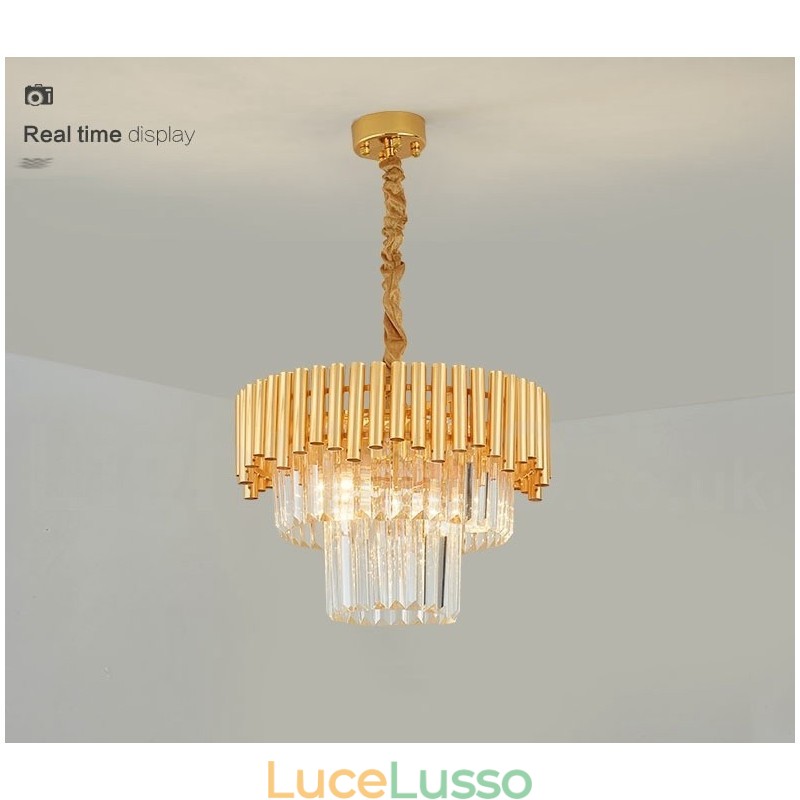 Lampadario a sospensione in cristallo rotondo K9 di lusso postmoderno dorato, sala espositiva