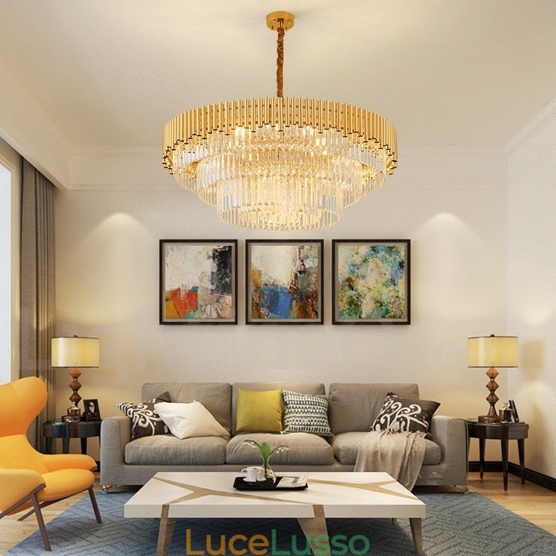 Lampadario a sospensione in cristallo rotondo K9 di lusso postmoderno dorato, sala espositiva