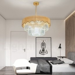 Lampadario a sospensione in cristallo rotondo K9 di lusso postmoderno dorato, sala espositiva