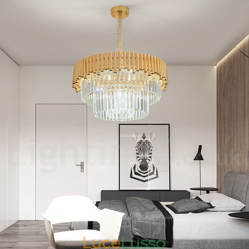 Lampadario a sospensione in cristallo rotondo K9 di lusso postmoderno dorato, sala espositiva