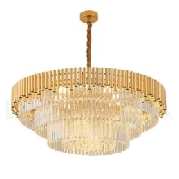 Lampadario a sospensione in cristallo rotondo K9 di lusso postmoderno dorato, sala espositiva