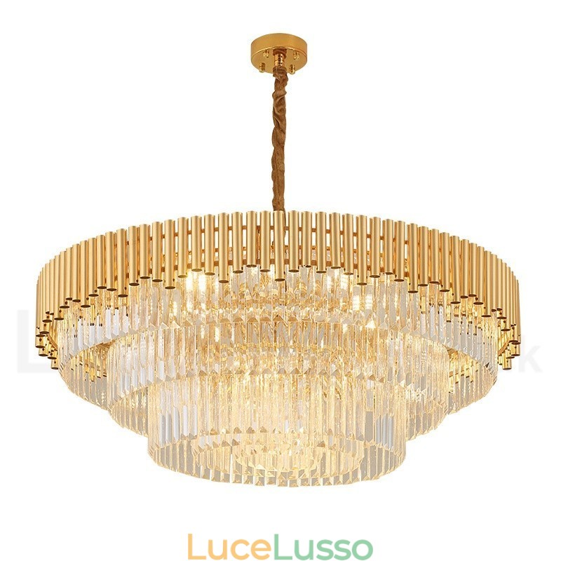 Lampadario a sospensione in cristallo rotondo K9 di lusso postmoderno dorato, sala espositiva