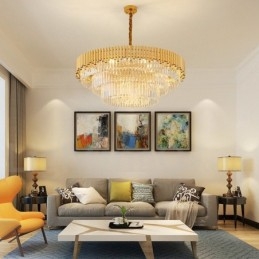 Lampadario a sospensione in cristallo rotondo K9 di lusso postmoderno dorato, sala espositiva
