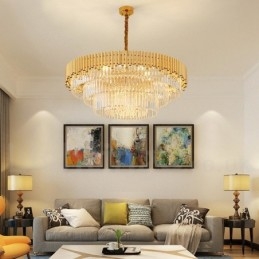 Lampadario a sospensione in cristallo rotondo K9 di lusso postmoderno dorato, sala espositiva