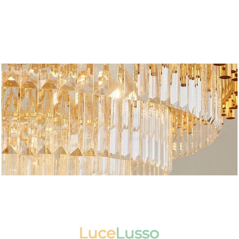 Lampadario a sospensione in cristallo rotondo K9 di lusso postmoderno dorato, sala espositiva