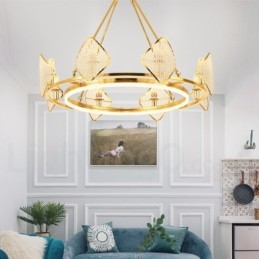 Lampadario a sospensione in cristallo K9 rotondo di lusso postmoderno dorato con paralume in acrilico Sala espositiva