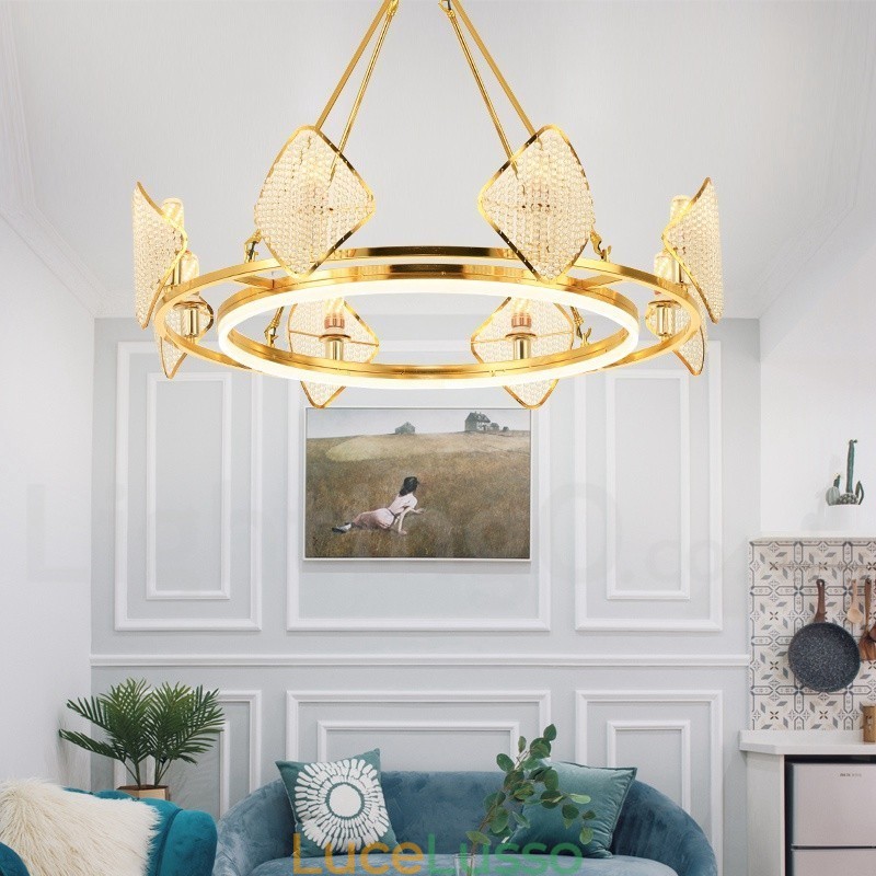 Lampadario a sospensione in cristallo K9 rotondo di lusso postmoderno dorato con paralume in acrilico Sala espositiva