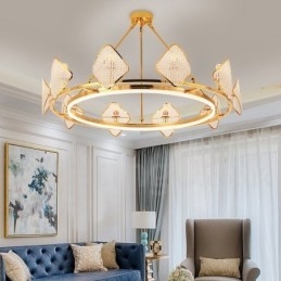 Lampadario a sospensione in cristallo K9 rotondo di lusso postmoderno dorato con paralume in acrilico Sala espositiva