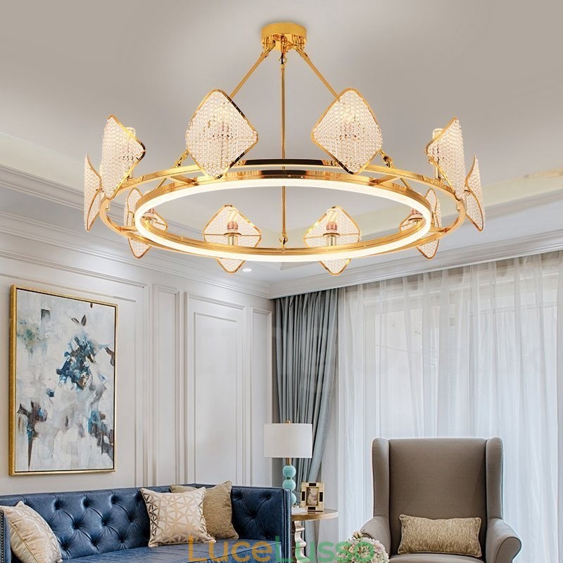 Lampadario a sospensione in cristallo K9 rotondo di lusso postmoderno dorato con paralume in acrilico Sala espositiva