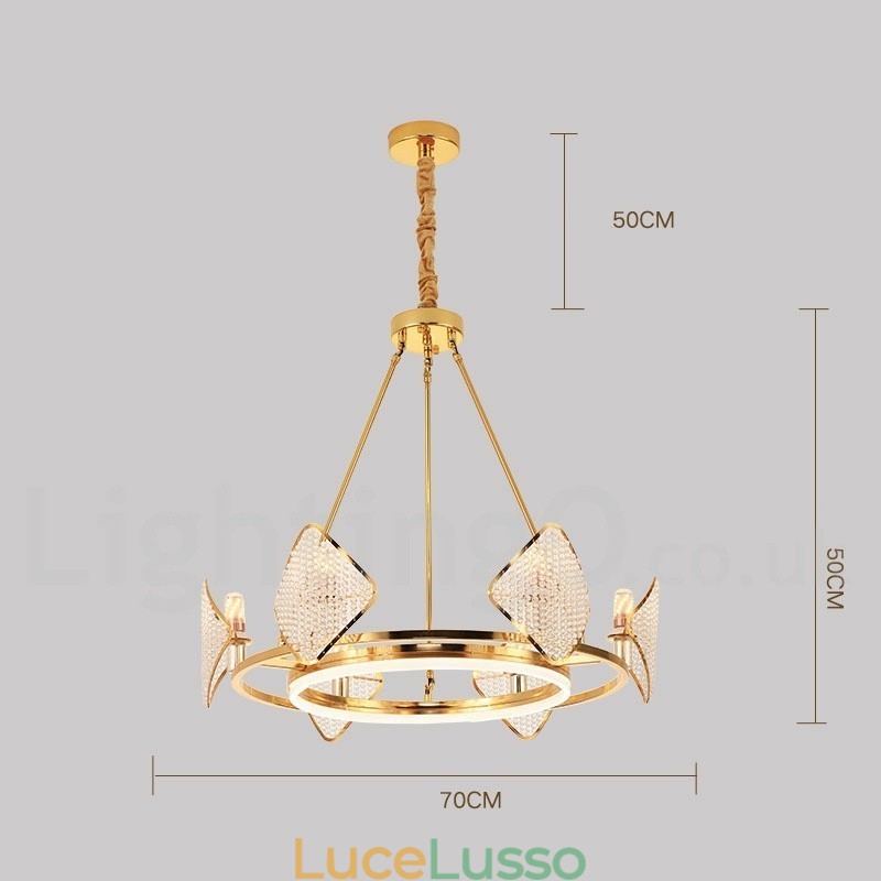 Lampadario a sospensione in cristallo K9 rotondo di lusso postmoderno dorato con paralume in acrilico Sala espositiva