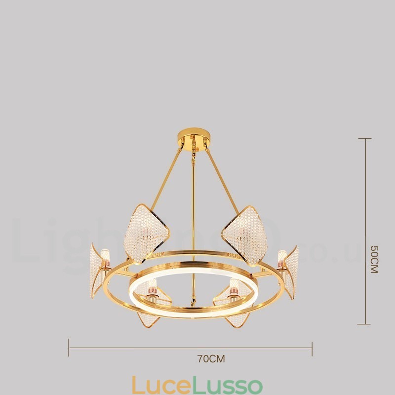 Lampadario a sospensione in cristallo K9 rotondo di lusso postmoderno dorato con paralume in acrilico Sala espositiva