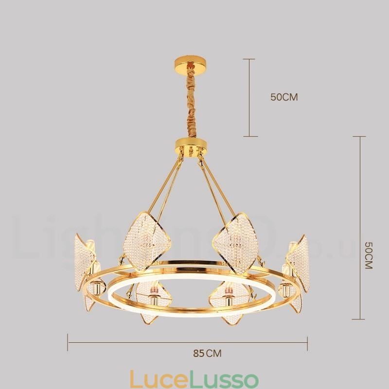Lampadario a sospensione in cristallo K9 rotondo di lusso postmoderno dorato con paralume in acrilico Sala espositiva