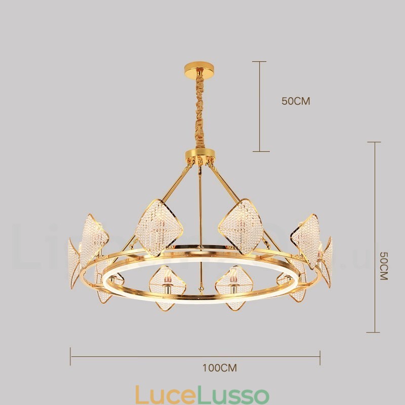 Lampadario a sospensione in cristallo K9 rotondo di lusso postmoderno dorato con paralume in acrilico Sala espositiva