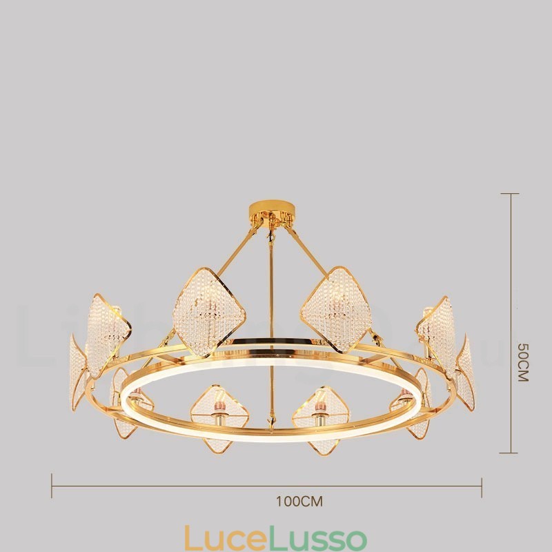 Lampadario a sospensione in cristallo K9 rotondo di lusso postmoderno dorato con paralume in acrilico Sala espositiva