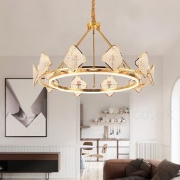 Lampadario a sospensione in cristallo K9 rotondo di lusso postmoderno dorato con paralume in acrilico Sala espositiva