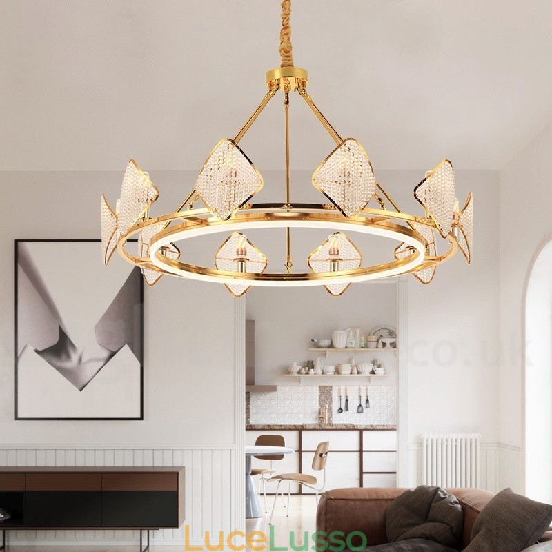 Lampadario a sospensione in cristallo K9 rotondo di lusso postmoderno dorato con paralume in acrilico Sala espositiva