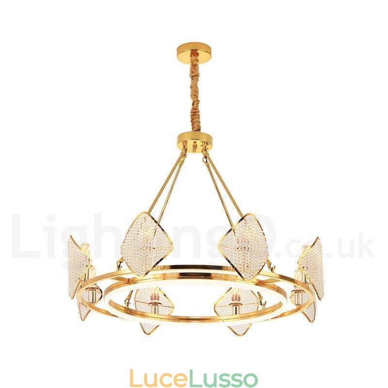 Lampadario a sospensione in cristallo K9 rotondo di lusso postmoderno dorato con paralume in acrilico Sala espositiva
