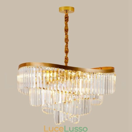 Lampadario pendente in cristallo rotondo K9 di lusso postmoderno dorato, sala espositiva Lampadario pendente in cristallo rotondo K9 di lusso postmoderno dorato, sala espositiva