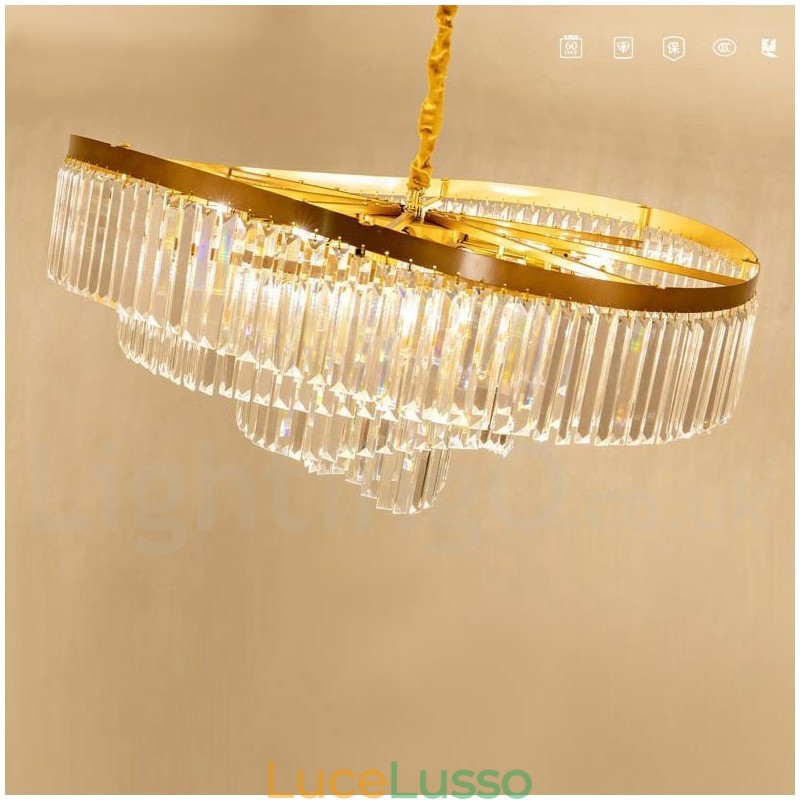 Lampadario pendente in cristallo rotondo K9 di lusso postmoderno dorato, sala espositiva