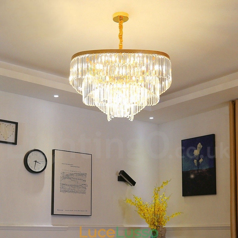 Lampadario pendente in cristallo rotondo K9 di lusso postmoderno dorato, sala espositiva