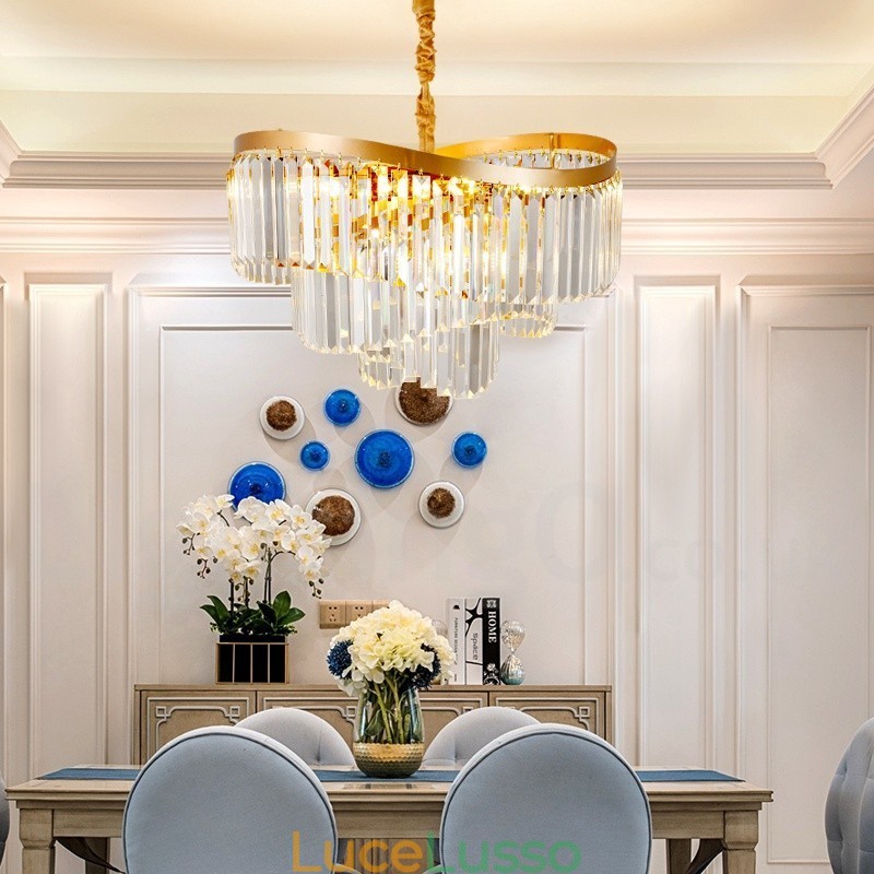 Lampadario pendente in cristallo rotondo K9 di lusso postmoderno dorato, sala espositiva
