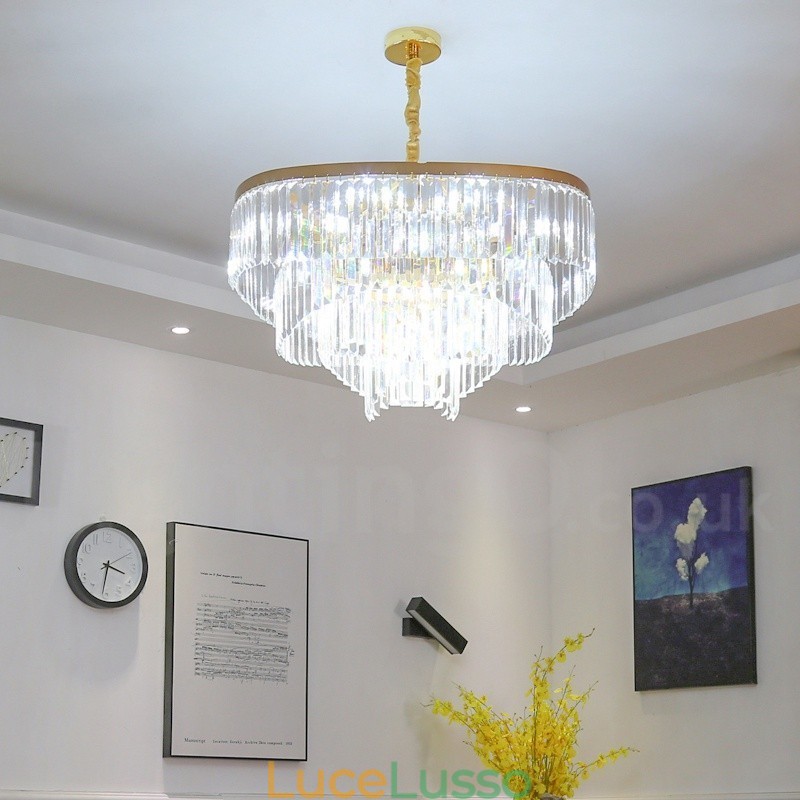 Lampadario pendente in cristallo rotondo K9 di lusso postmoderno dorato, sala espositiva