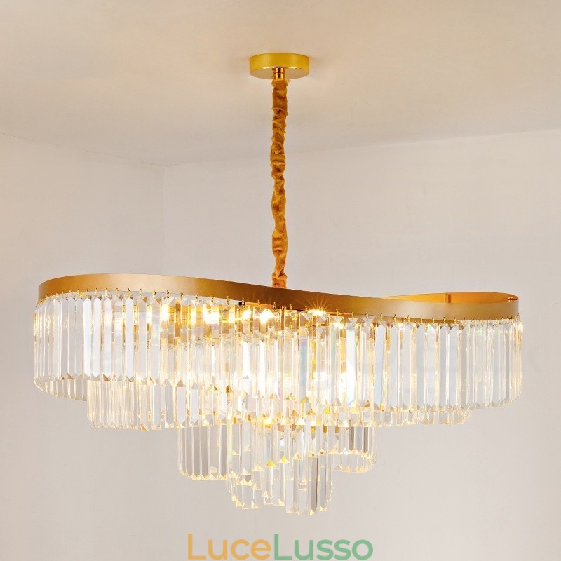 Lampadario pendente in cristallo rotondo K9 di lusso postmoderno dorato, sala espositiva