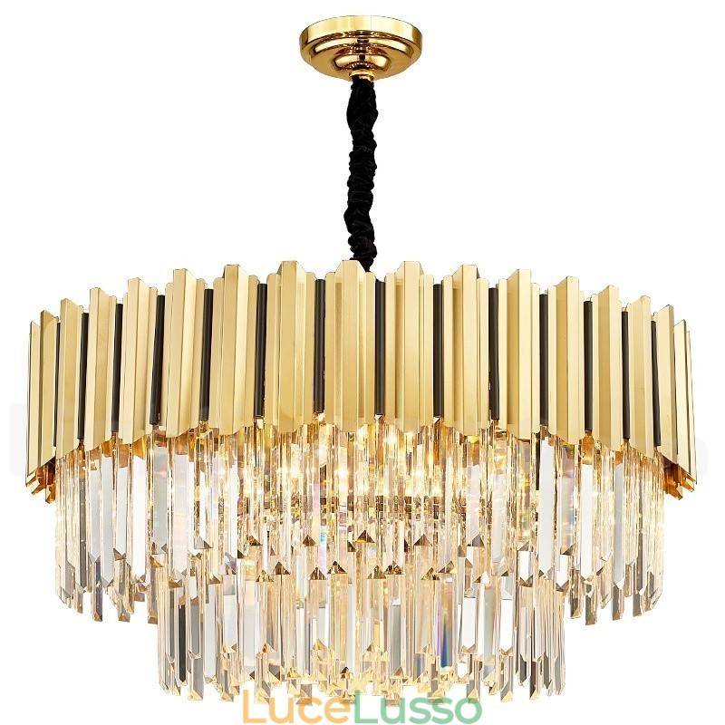 Quest'anno il lampadario a sospensione in cristallo K9 rotondo dorato postmoderno di lusso è esposto nella sala espositiva