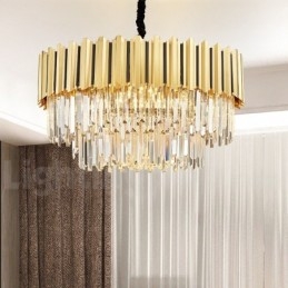 Quest'anno il lampadario a sospensione in cristallo K9 rotondo dorato postmoderno di lusso è esposto nella sala espositiva